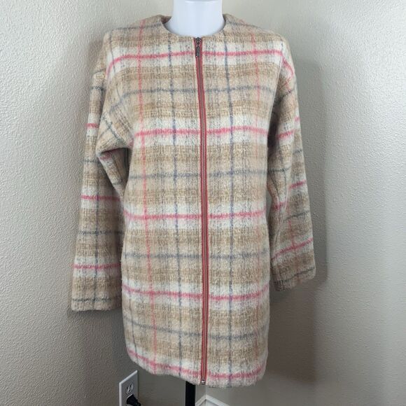 Bernardo Collarless Plaid Topper Full Zip Wool Blend Jacket Womens Sz S Pink Tan - Picture 3 of 9
